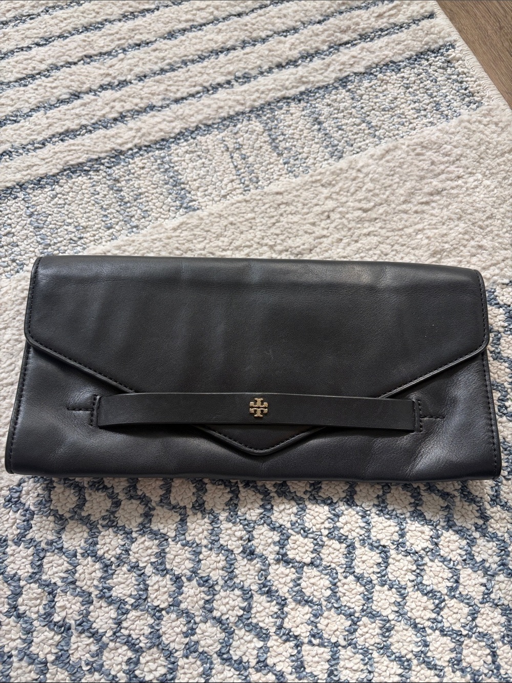 Tory Burch Black Leather Envelope Clutch with Gold Logo Accent